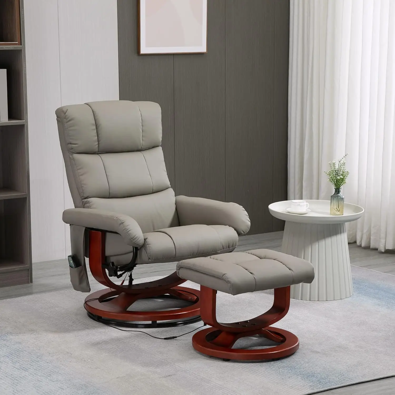 #Gray PU Swivel Recliner Chair w/ Ottoman 10-Motor Vibration Remote Side Pocket Living Room 80kg