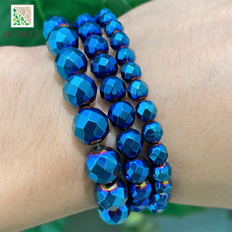 Natural Faceted Plated Blue Hematite Loose Round Beads For Jewelry Making DIY Charms Bracelet Necklace 15\'\'Strand 2/3/4/6/8/10mm