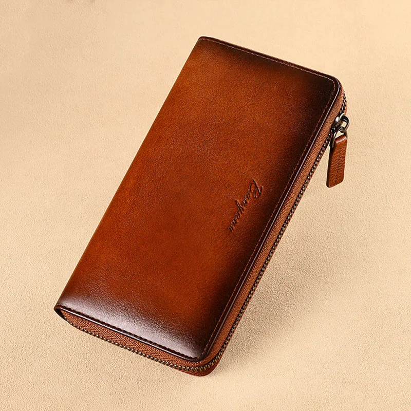 Wallet Men's long wallet Leather multi slot mobile phone card bag Anti theft card swiping driver's license cowhide zipper wallet