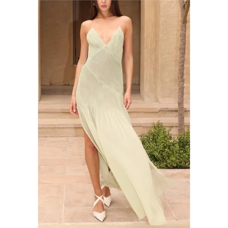 

Sexy Hollow Out Side Split Paghetti Strap Party Dresses Woman New Solid Pleated Dress Summer V Neck Backless Vacation Maxi Dress