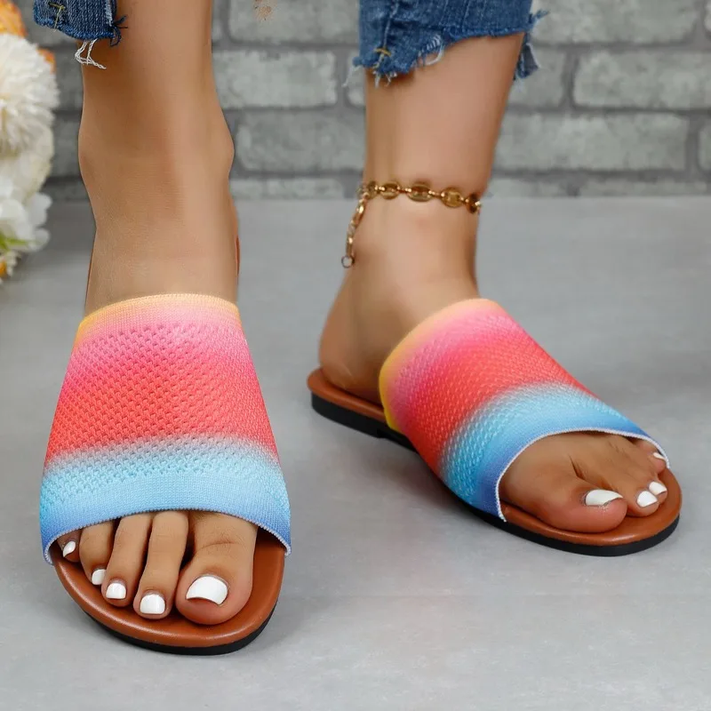 European American Design Style Slippers 2024 New Mesh Breathable Flat Bottomed Anti Slip Outer Wear Candy Colored Beach Sandals