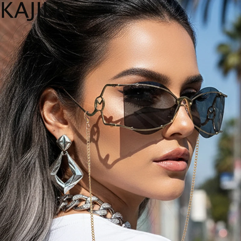 

Oversized Irregular Rimless Punk Shiled Sunglasses Women 2025 Luxury Brand Metal Frame Travelling Sun Glasses For Ladies UV400