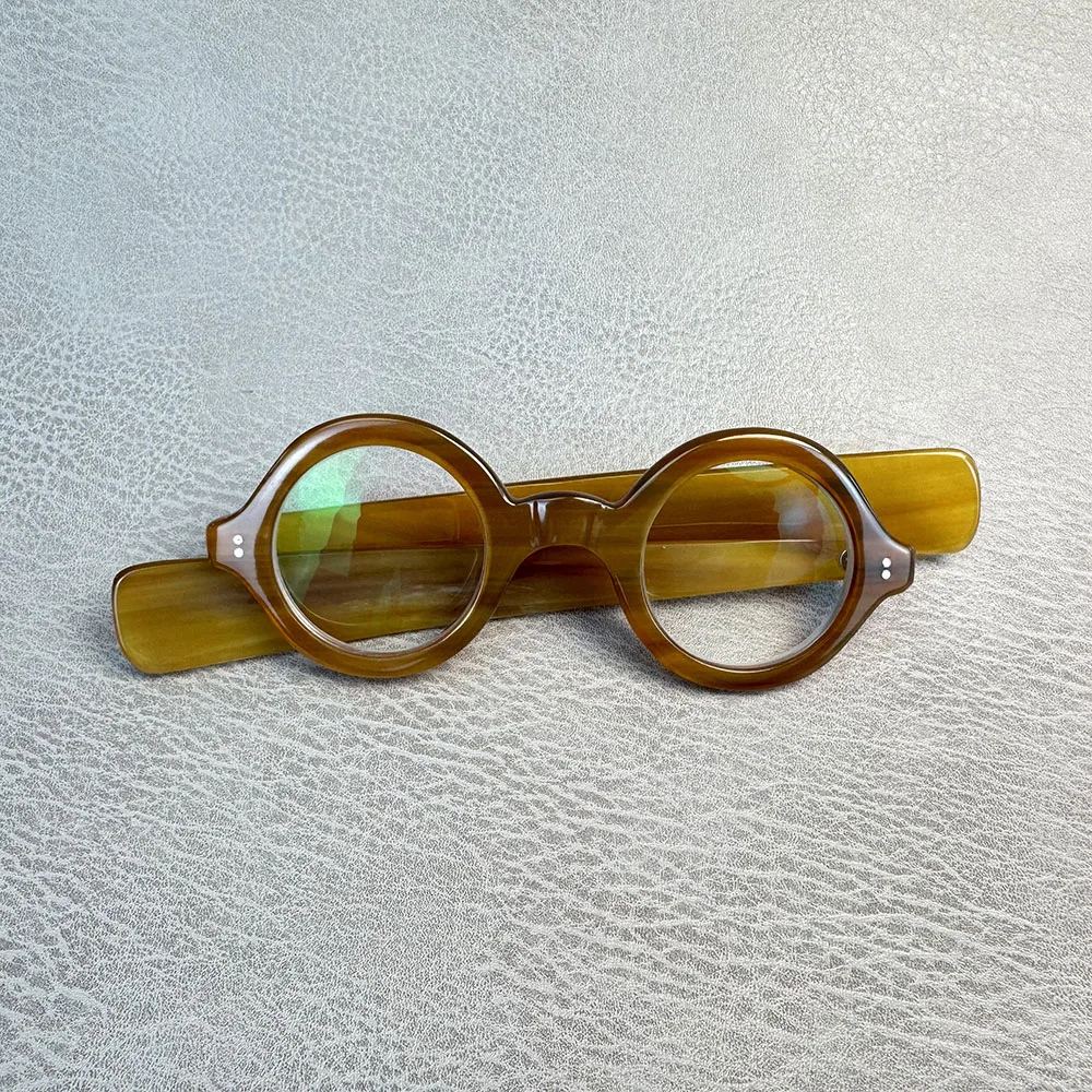 Eyeglass Frames Unique Handmade Light Coffee Horn Small Face Round Vintage Wide Temple Eyewear Prescription Men's Glasses Frames