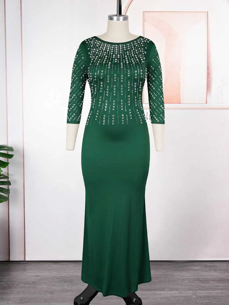 Vestidos de talla grande para mujer elegante fiesta Color sólido diamante vestidos de noche largos Maxi vestido de manga larga venta al por mayor Dropshipping