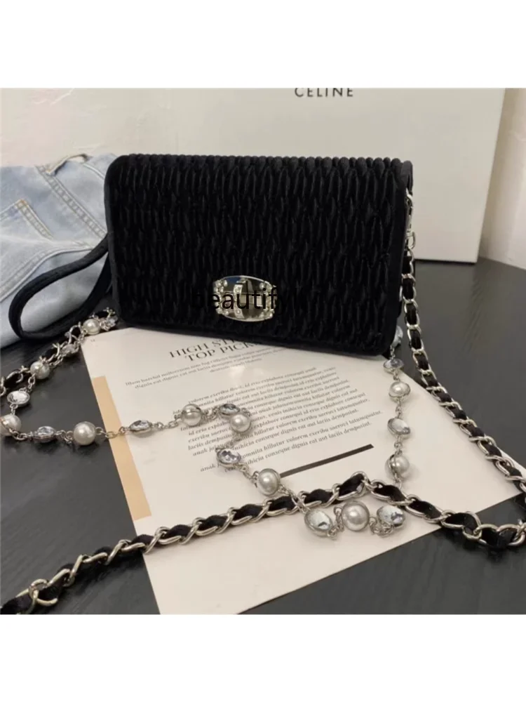 yj Pleated Velvet Crystal Chain Women's Bag Trendy Knitted Belt Gemstone Diamond-Embedded Portable Shoulder Bag