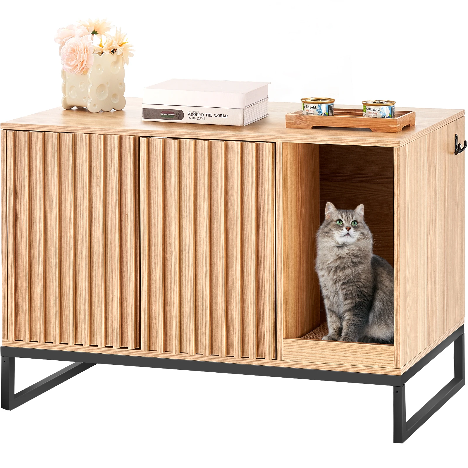 VEVOR Cat Litter Box Enclosure Hidden Litter Box Furniture Wooden Cat Washroom Indoor with 2 Doors & Study Metal Legs Cat House