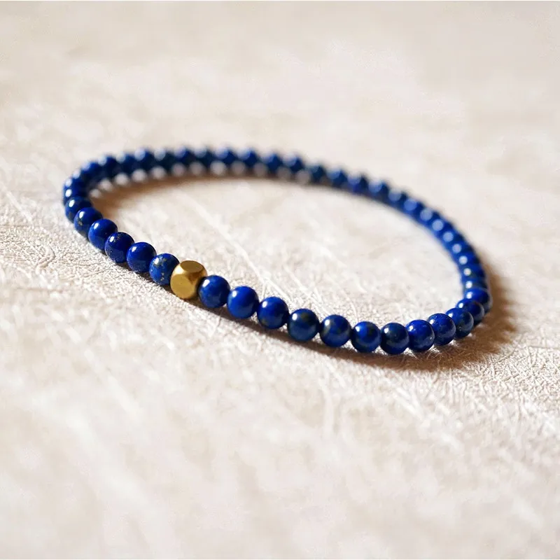 Handmade 4mm Natural Lapis Lazuli Crystal Bracelets Yoga Birthstone Strand Chain 14K Gold Filled Metal Beaded Unique Women BOHO