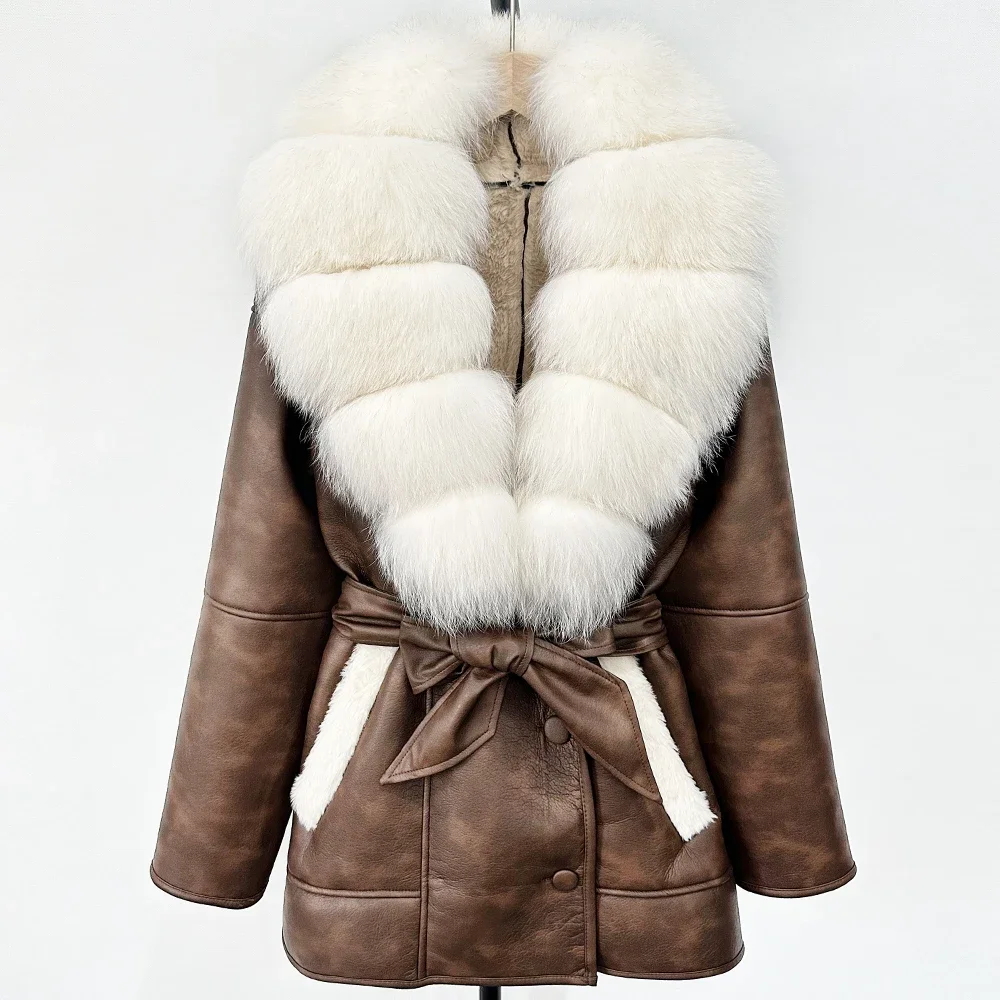 OFTBUY Echte Bontjas 2025 Vrouwen Grote Natuurlijke Vossenbontjas Dikke Warme Retro Lam Bont Jas Riem Winter Vrouwelijke Parka uitloper