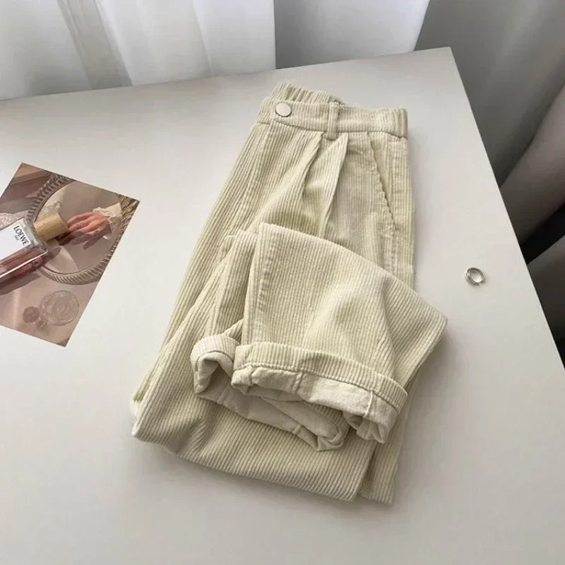 Retro High Waist Corduroy Pants Women Spring Fall Straight Causal Full Length Trousers Korean Fashion Baggy Outwear Pant 2024