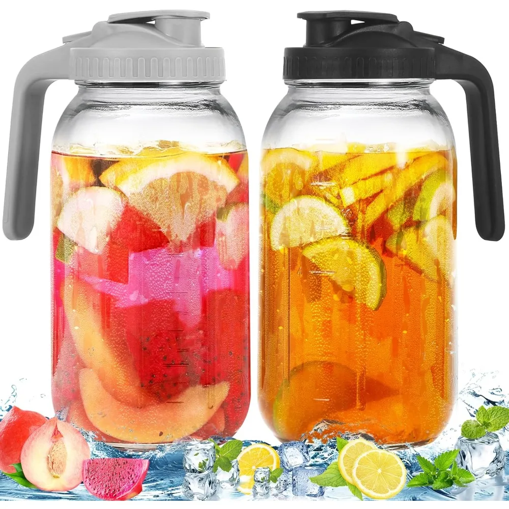 

2 Pack Glass Pitchers with Lid 64 oz 1/2 Gal Sun Tea Pitcher Wide Mouth Airtight for Ice Tea Cold Brew Coffee Fridge Water Milk