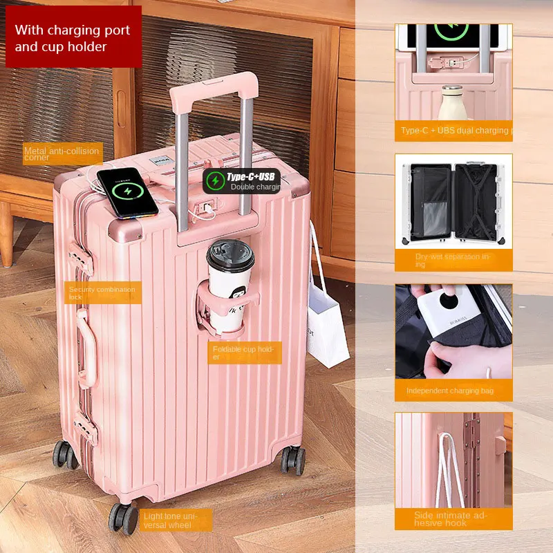 Fashion Luggage with USB Cup Holder 20/29 Inch  Suitcase Combination Lock Trolley Case Cabin Carry-on Travel Wheeled Suitcases