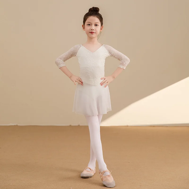 Children Ballet Practice Dress Floral Lace 3/4 Sleeve Leotard with Chiffon Skirt for Girls Gymnastics