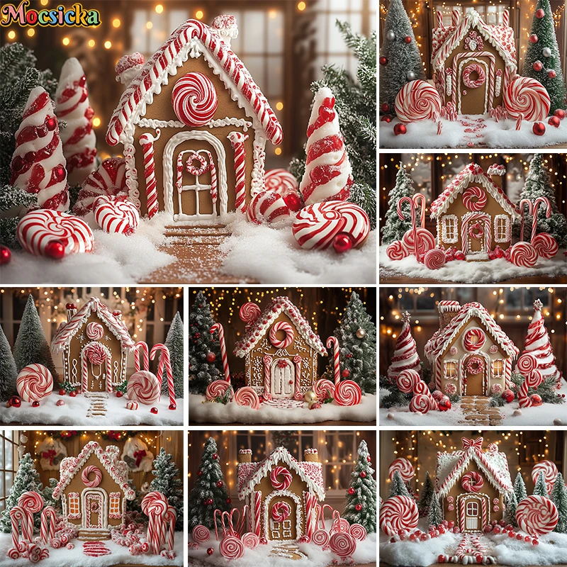 

Mocsicka Photography Background Winter Christmas Gingerbread House Candy Cane Kids Family Portrait Decor Backdrop Photo Studio