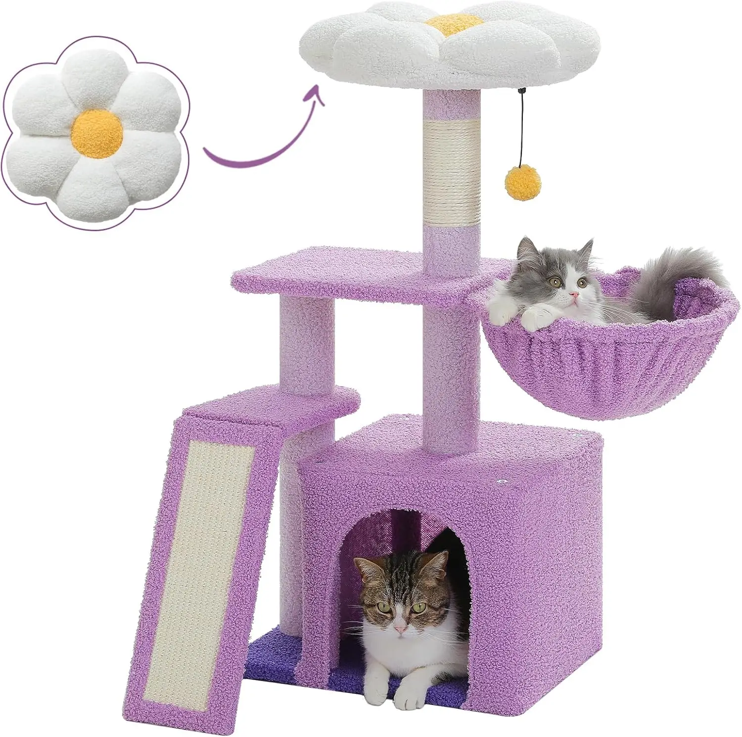 

32'' Cat Tree for Indoor Cats with Scratching Ramp, Hammock & Flower Bed, Purple