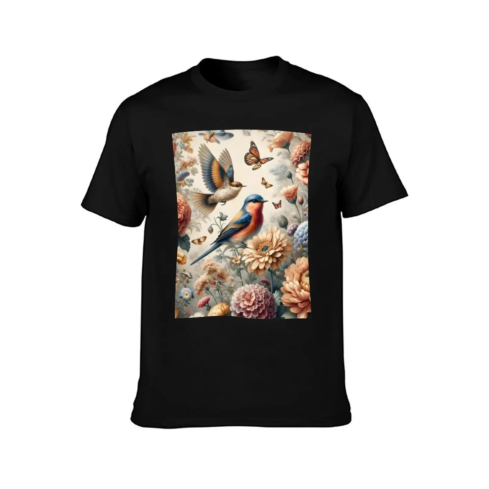 Botanical Elegance Bird Fabric - Nature's Symphony in Bloom T-Shirt Casual Basic Short Sleeve T-Shirt