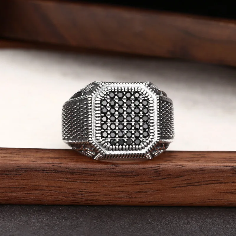 New diamond cut checkered ring, simple men's square zircon ring jewelry