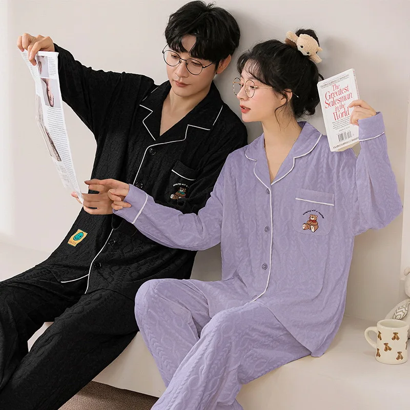 Cotton PJ Men\'s Sleepwear Adult Cardigan Pajamas for Couple Sleep Lounge Nightwear Mujer Women Pijamas Long Sleeves men pajamas