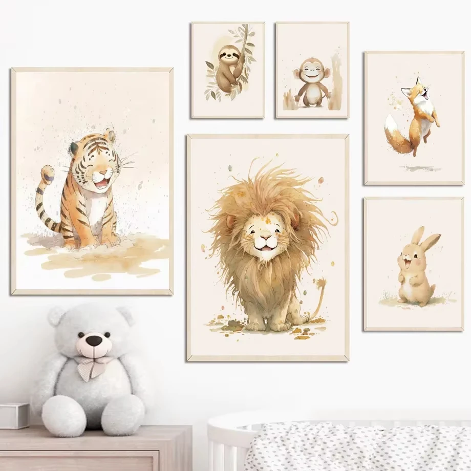 Smile Lion Sloth Rabbit Tiger Elephant Fox Dog Wall Art Canvas Posters Cute Animals Prints Nursery Home Pictures Kids Room Decor