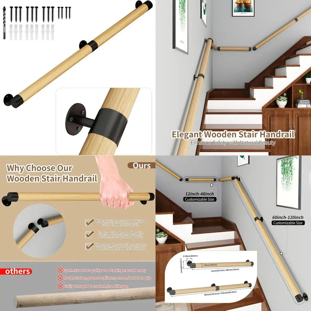 درابزين سلالم خشبية متينة للاستخدام الداخلي والخارجي، مثبت على الحائط، قضبان أمان غير قابلة للانزلاق لكبار السن والأطفال #1