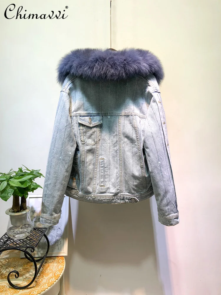 

Fox Fur Collar Denim Jacket for Women 2023 New Winter Clothes Loose Korean Style Fleece-Lined Thick Parka Streetwear Jean Coats