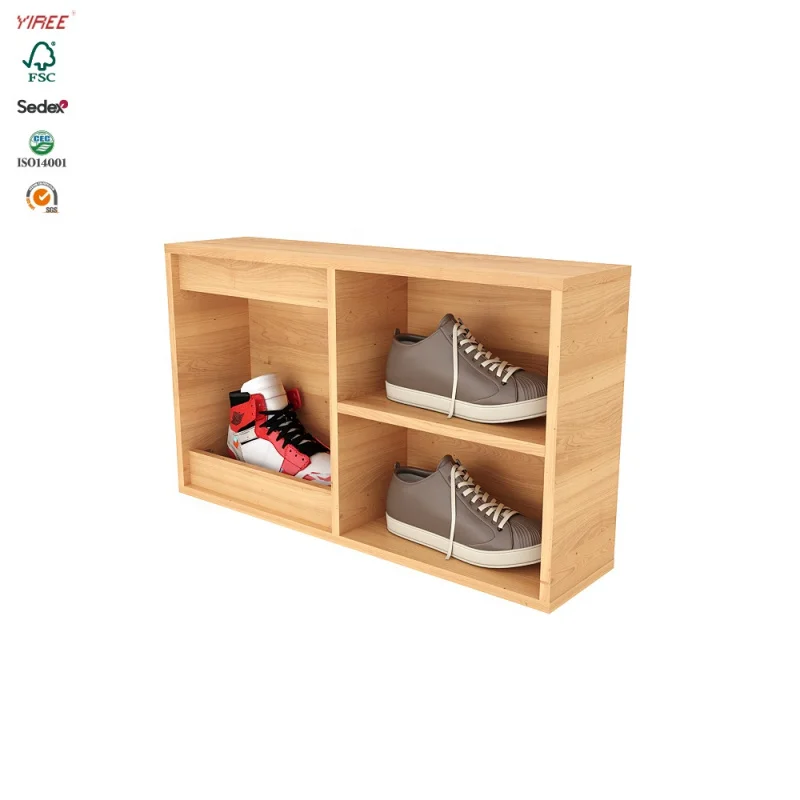 custom.Yiree wooden factory retail footwear store custom sport shop fitting wood storage box shoe rack display