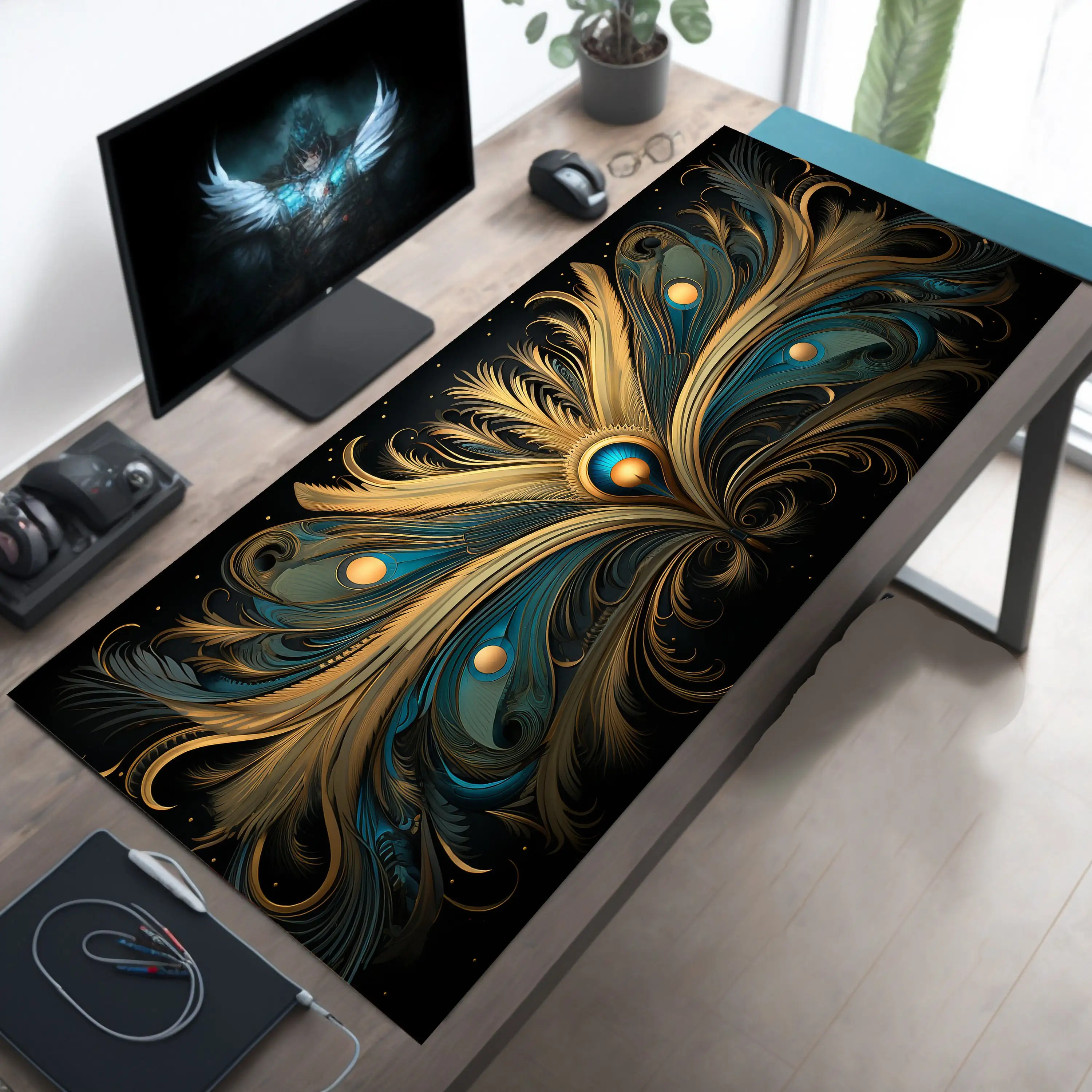 

Синий и золотой Настольный коврик, абстрактный Коврик для мыши, красивый коврик для мыши с перьями, красный Настольный коврик