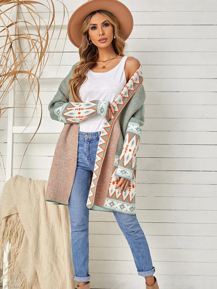GypsyLady Boho Vintage Knitted Sweater Cardigan Green Open Front Autumn Spring Women Ethnic Style Ladies Long Jumper Sweaters