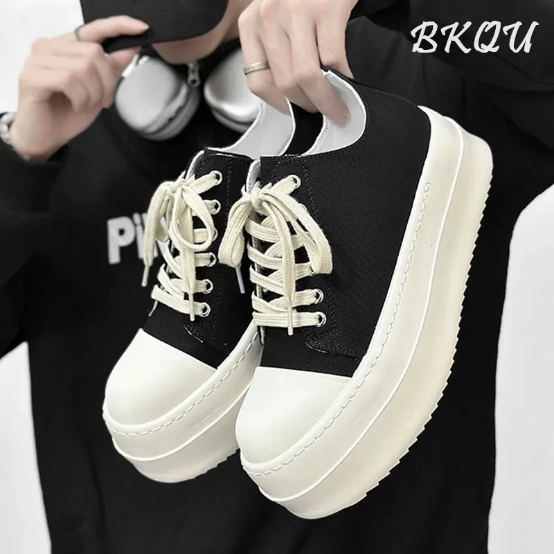 

BKQU American Retro Platform Shoes for Boys Black 2024 Autumn Platform Shoes Simple Canvas Big Head Height Derby Shoes for Women