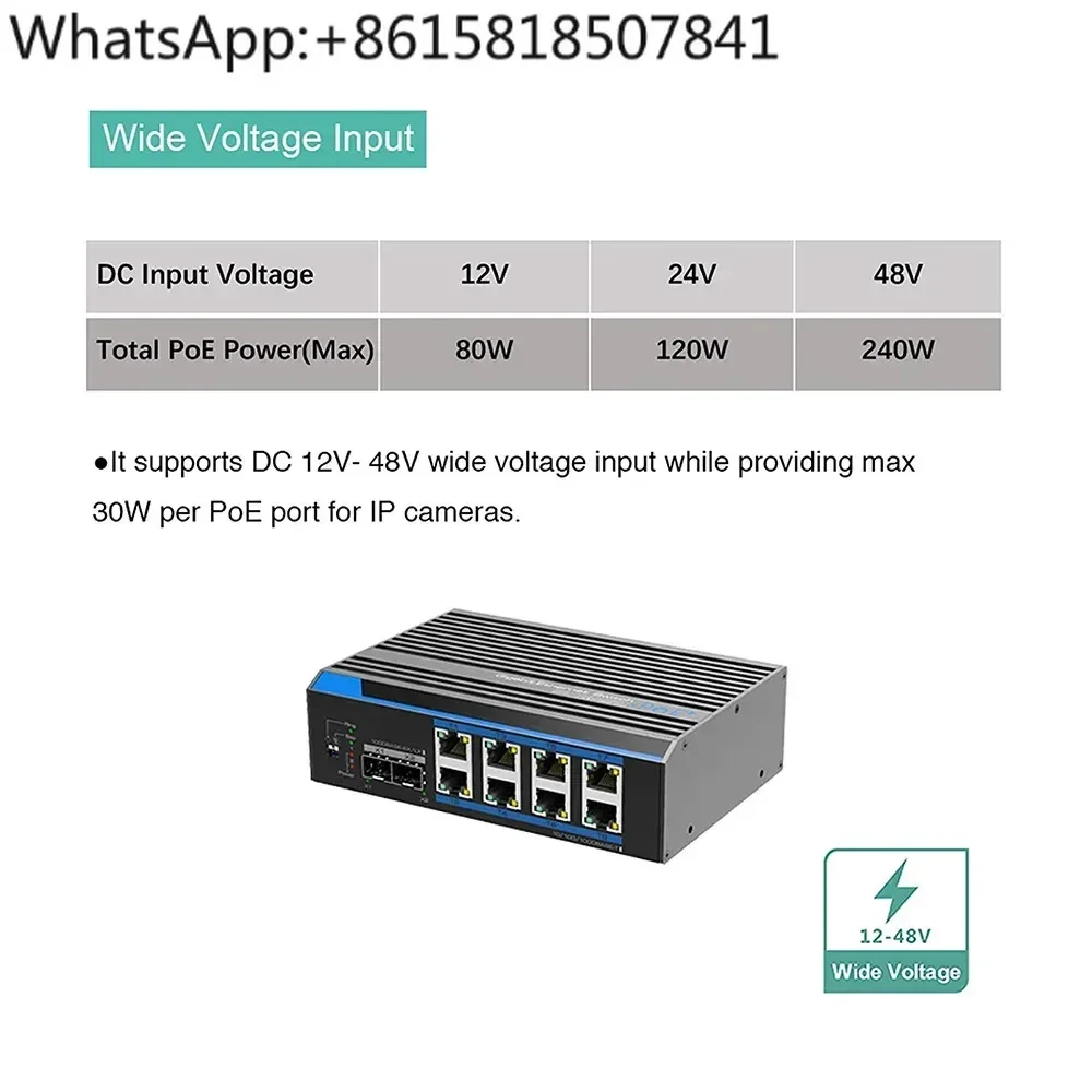 

Industrial 8-Port Full Gigabit POE Switch, DC12V ~ DC48V Input and Voltage Booster, POE Supply for Solar Power System or Vehicle
