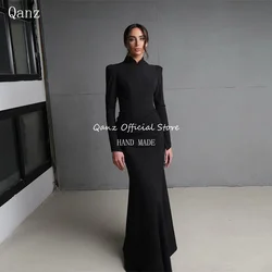 Qanz Mermaid Evening Dresses Black Satin Long Sleeves Slim Fitting Vestidos De Fiesta Pageant Dresses for Women Customized