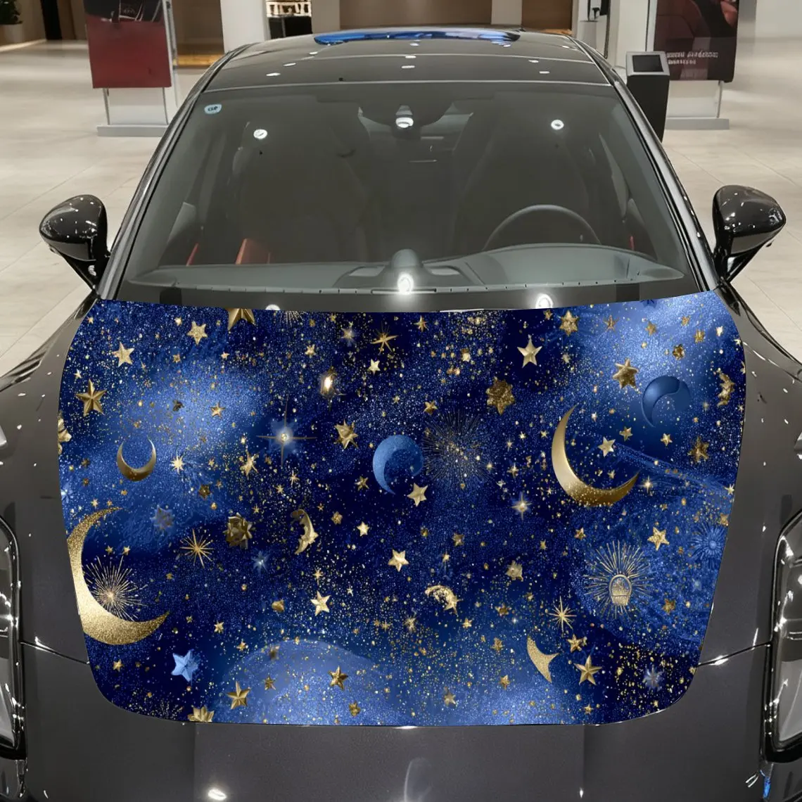 Gilded Stars, Moon and Cosmic Planets Car Vinyl Wrap, PVC Material Waterproof Car Hood Sticker, Self-Adhesive Scratch-Resistant