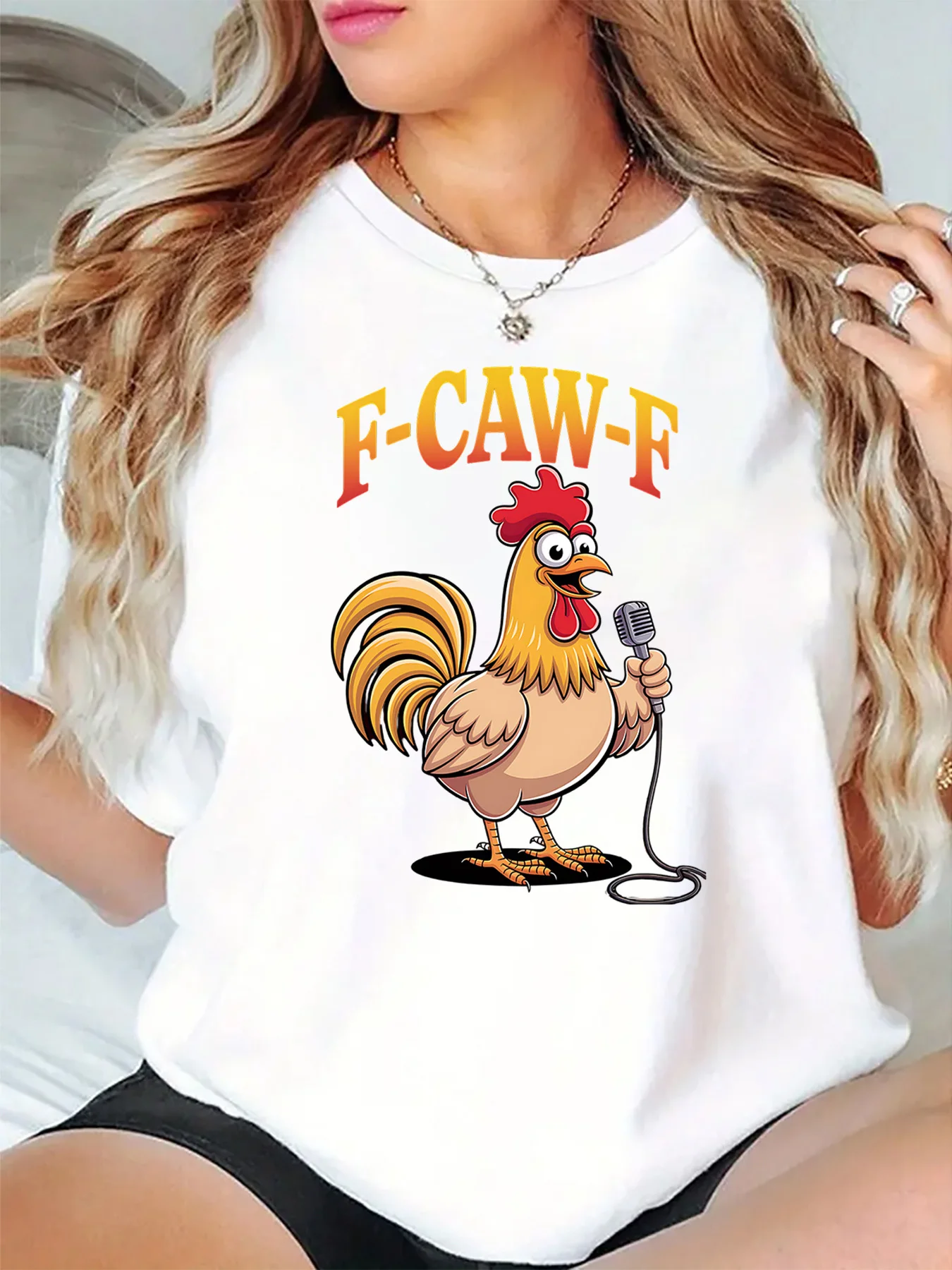 Funny F Caw F Rooster Holding Microphone Cartoon Art Print Graphic Womens T Shirt Short Sleeve Crew Neck Casual Ladies Tee Tops