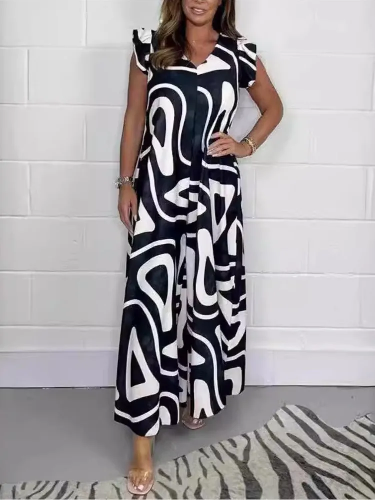 

Summer New Women's Fashion Lace Up Ruffle Edge Short Sleeved Wide Leg Pants Printed Casual Jumpsuit For Women