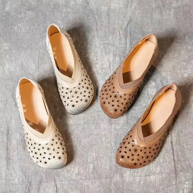 أحذية نسائية فرنسية كاجوال من الجلد أحذية مسطحة صيفية مجوفة ناعمة أنيقة بدون كعب أحذية نسائية #3