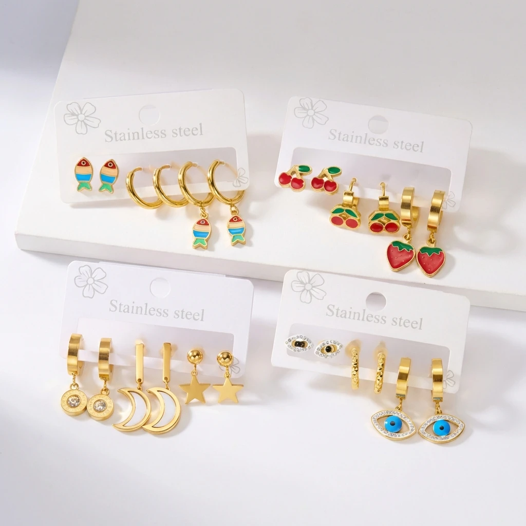 3 Pairs Stainless Steel Dripping Oil Earring Set For Women Cartoon Fish Cherry Strawberry Moon Star Earring High Sense Jewelry