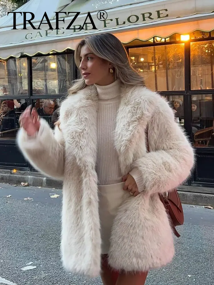 TRAFZA 2024 Winter Female Street Fashion Fur Coats Long Sleeves Lapel Solid Color With Pockets Causal Warm Fur Windbreaker