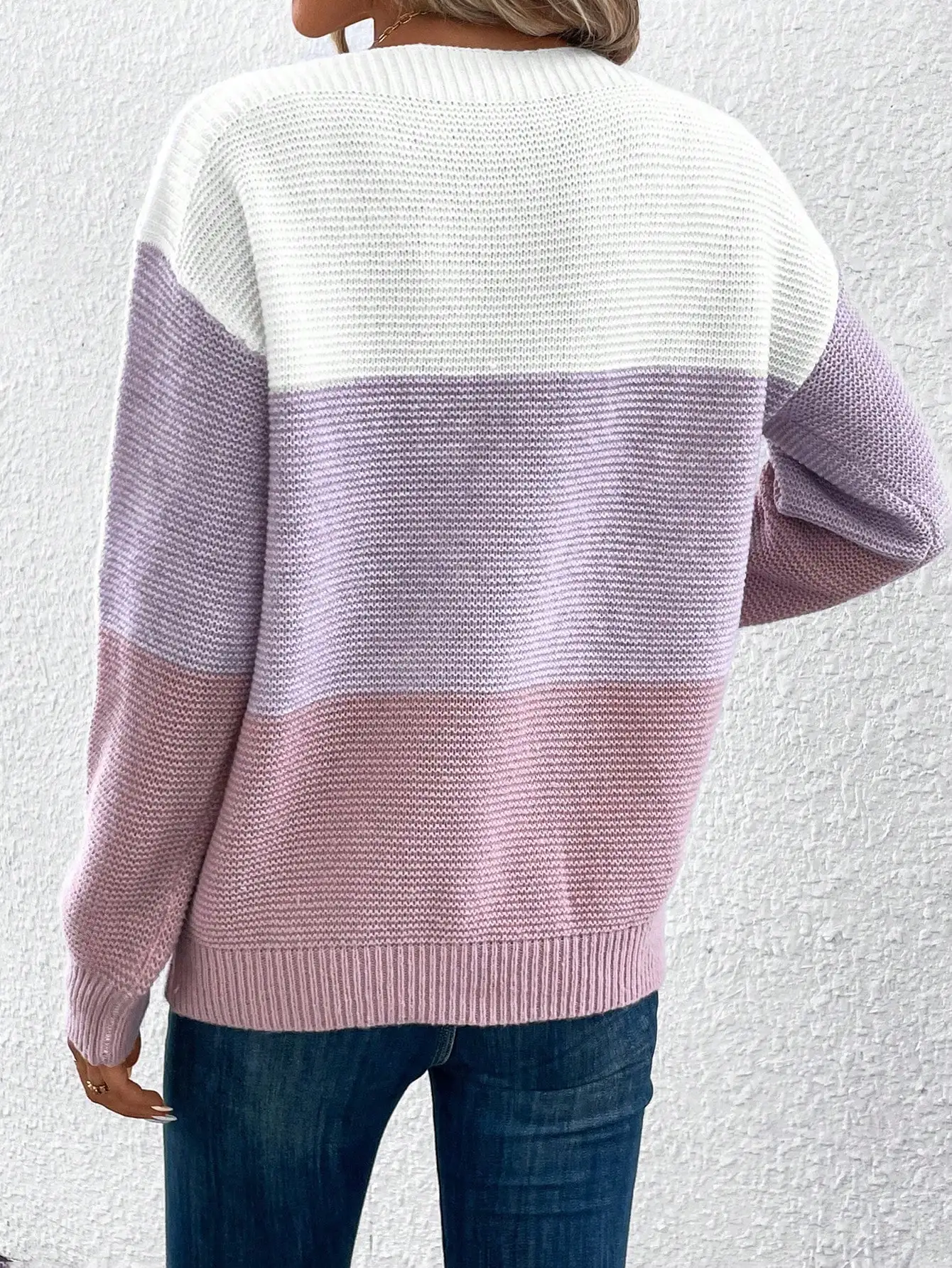 Fashion Women Boat Neck Knit Top 3 Tone Color Block Stripe Drop Shoulder Loose Knitted Pullover