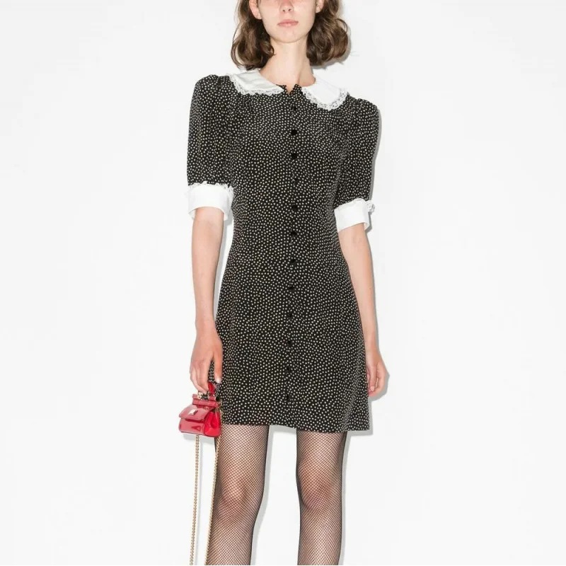 

Spot Goods576Spring and Summer New2025Black Polka Stitching Leaf Lapel Sweet Short Sleeve Small Size Dress