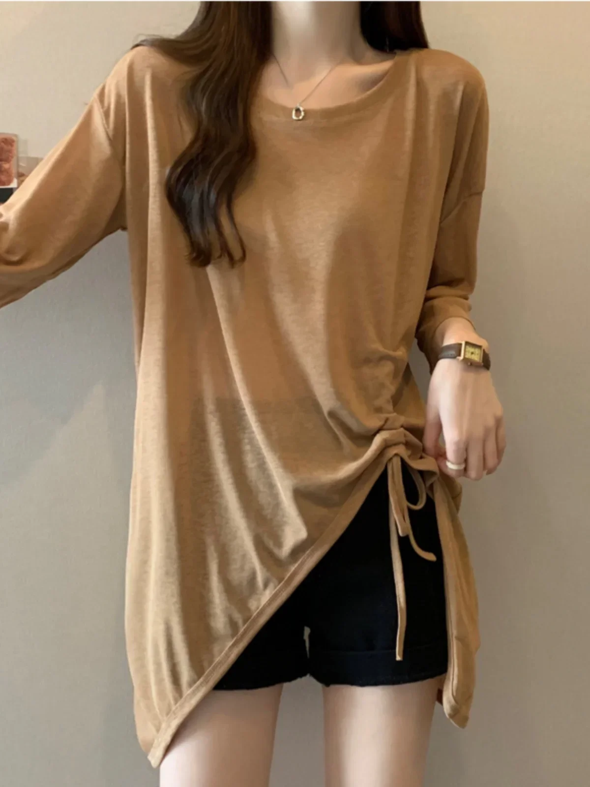 Shoulder T-shirt Plus size women clothing Summer Short sleeve French Fat Sister Belly Covering Slimming Irregular E4935