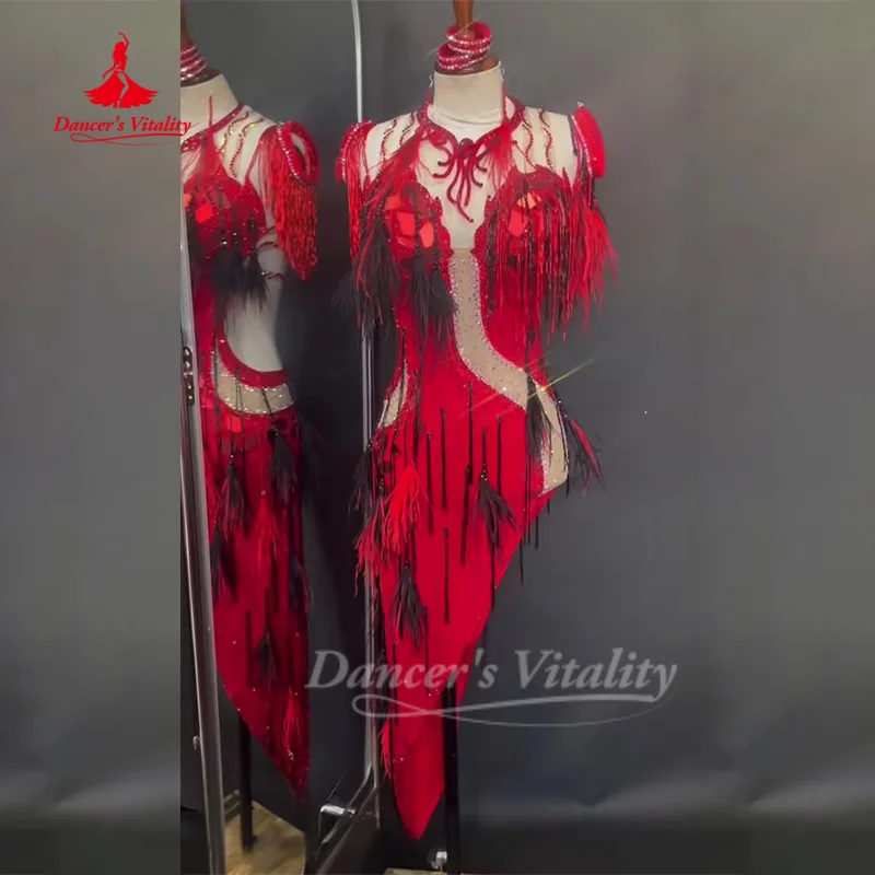 Belly Dance Clothing Women's Customization Advanced Luxury AB Stones Fringe Set Drum Solo Competition Outfit Dance's Vitality