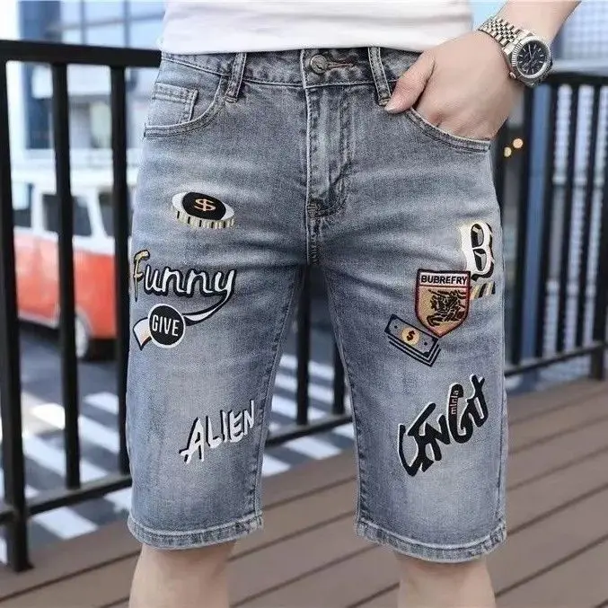 Denim casual five-point pants shorts summer embroidery trend 2024 new ripped pants men