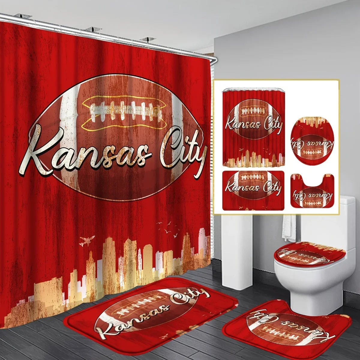 Kansas City Football Bathroom Four-Piece Set - Sports-Themed Waterproof Shower Curtain for a Complete Bathroom Set
