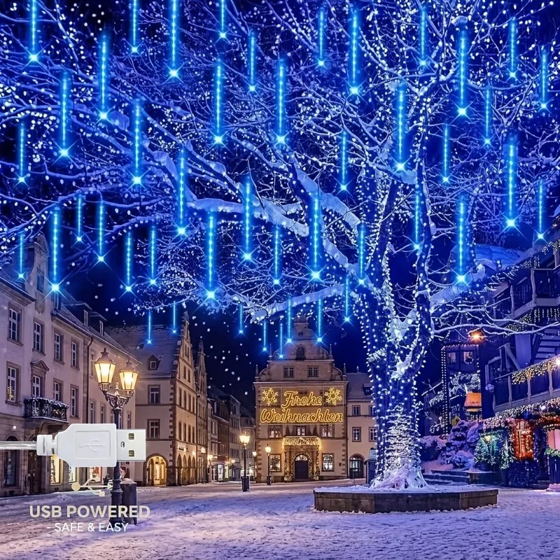 USB Meteor Shower LED String Lights 30CM/50CM 8Tube Holiday Patio Waterproof Fairy Garden Decor Outdoor Street Garland Christmas