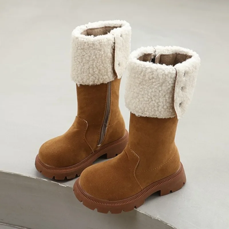 children Long Boots For Girls Faux Fur Thick Warm Girl's Boots Waterproof Calf Length Kid's Plush Boots Children Cotton Shoes
