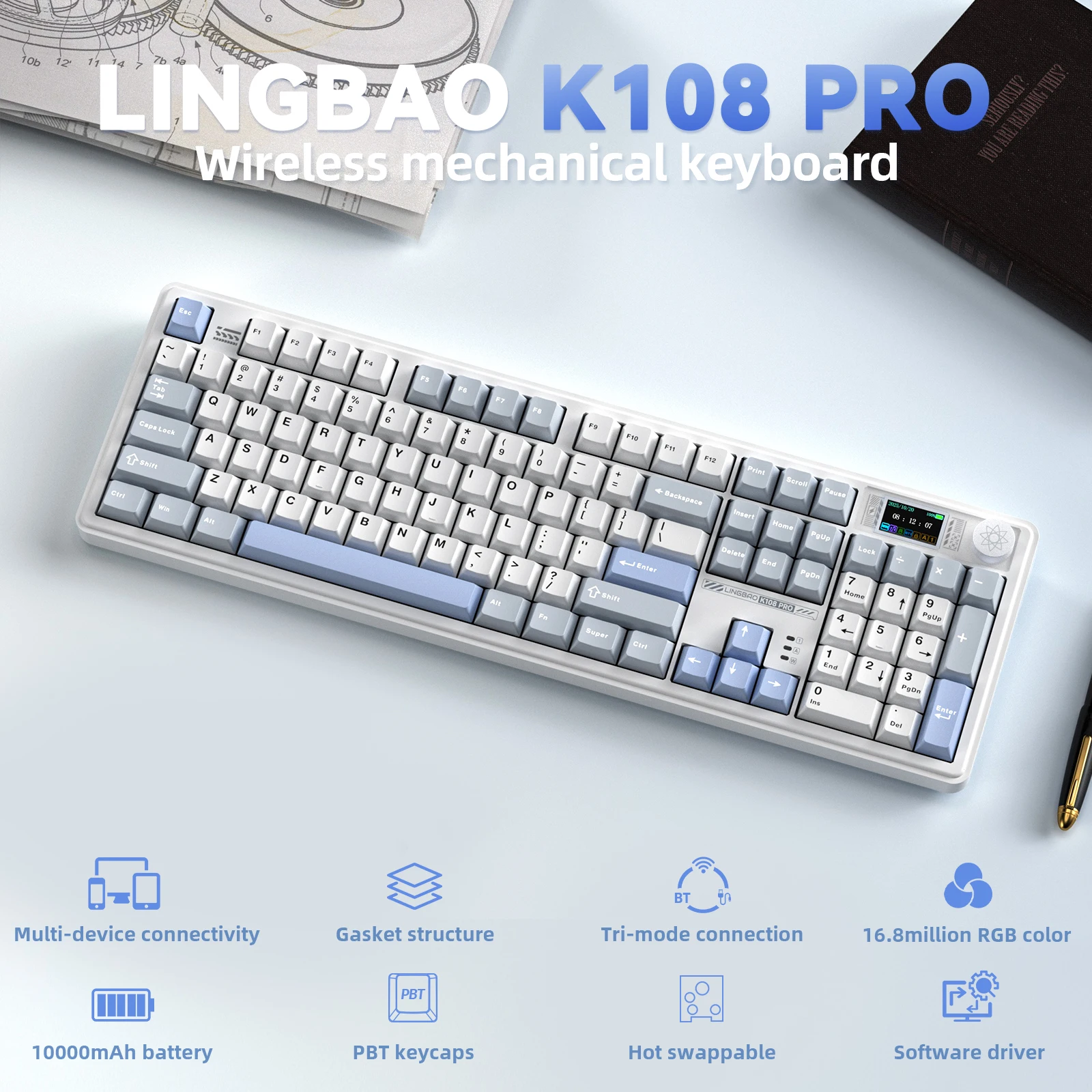 LINGBAO K108 Pro Korean Wireless Gaming Mechanical Keyboard 104Keys Bluetooth 2.4G Wired RGB Hotswap Gamer Non-contact Keyboard