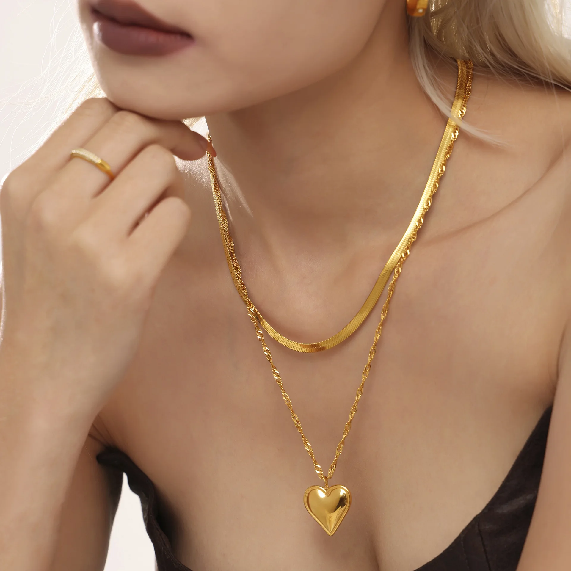 

Trendy Love Heart Snake Chain Necklace for Women Stainless Steel Double-Layer Waterproof Chain Jewelry Gift