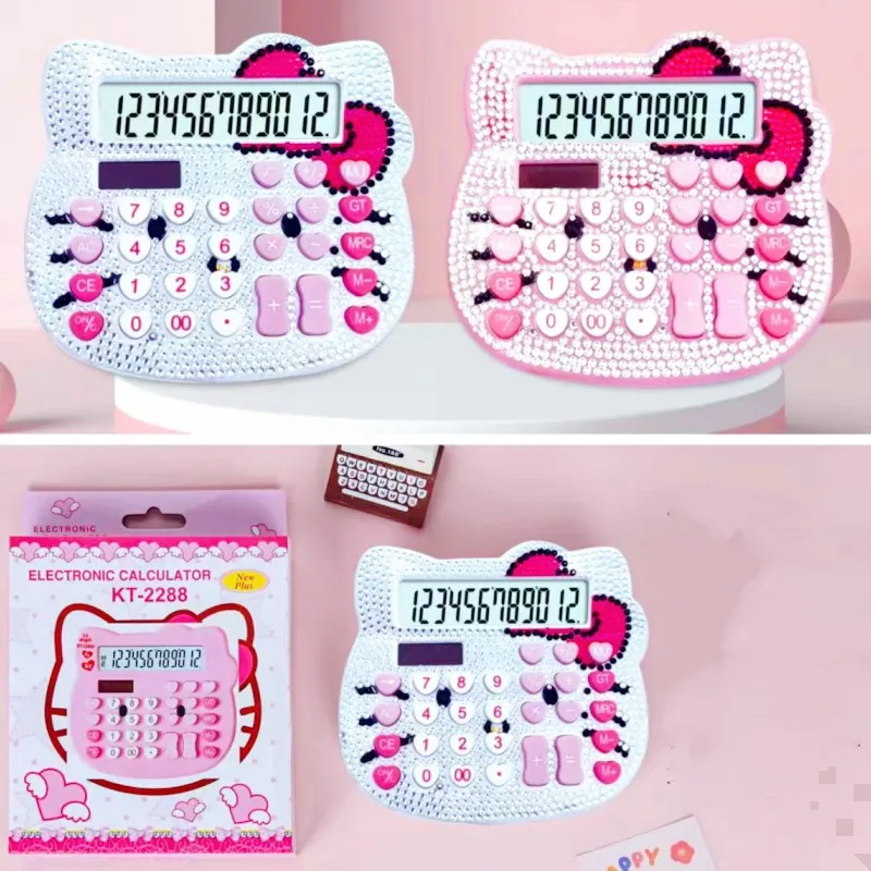 Sanrio New Cartoon Cute Hello Kitty Pink Calculator Solar Bow Computer Student Supplies Award Push Pull Calculator Girl Gift