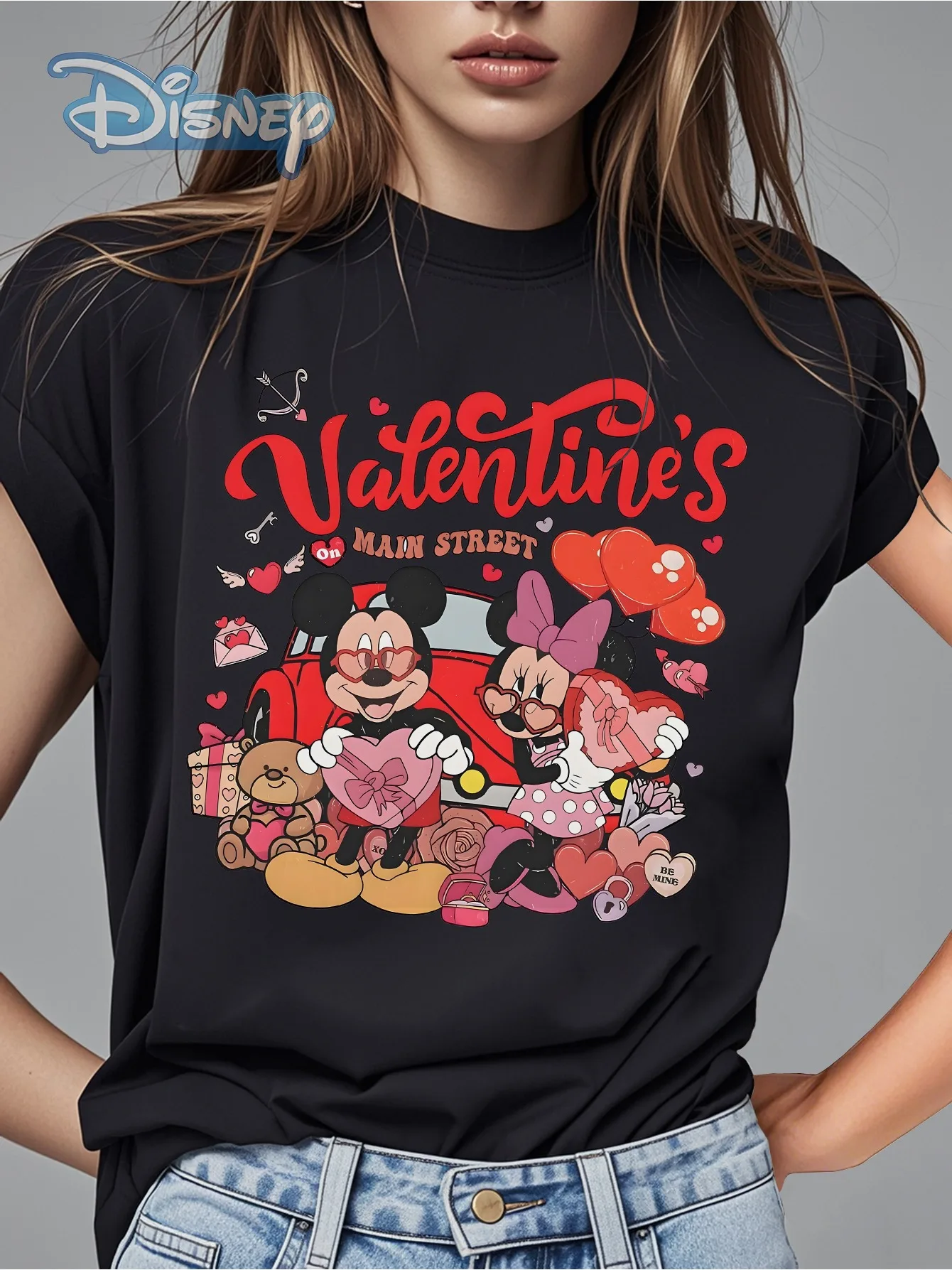 

Mickey and Minnie's Love Blossom Graphic Tee - Women's Casual Crew Neck Short Sleeve T-Shirt, Romantic Summer Design