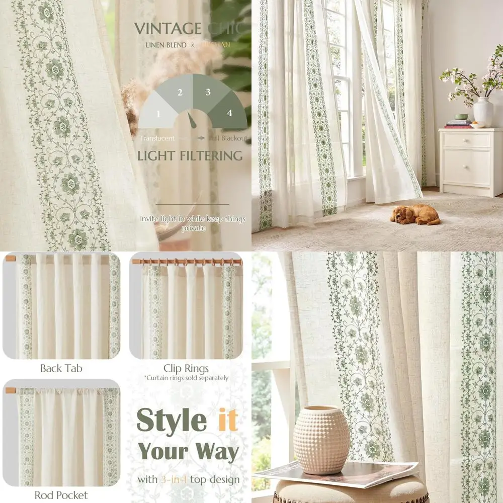 

Винтажные льняные шторы с цветочным принтом Sage Green, длина 72, светофильтрация, вышитые шторы для спальни и гостиной
