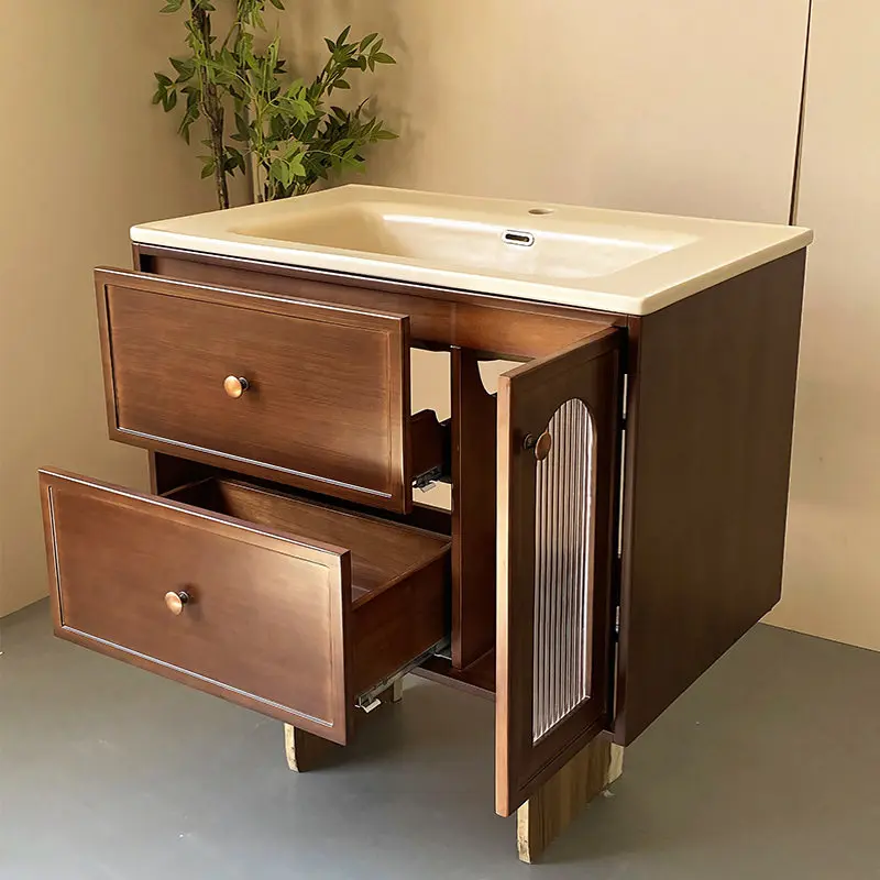 Medieval oak paint Corian bathroom cabinet combination rock slab hot bending washstand ceramic integrated washbasin